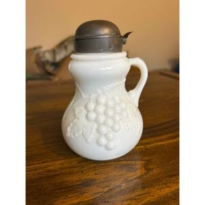 Vintage Milk Glass‎ Pitcher Creamer Grapes Embossed Metal Lid
